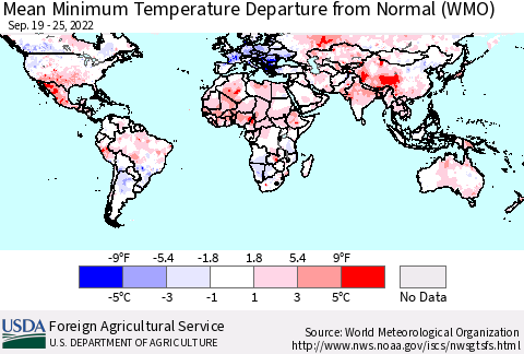 World Mean Minimum Temperature Departure from Normal (WMO) Thematic Map For 9/19/2022 - 9/25/2022