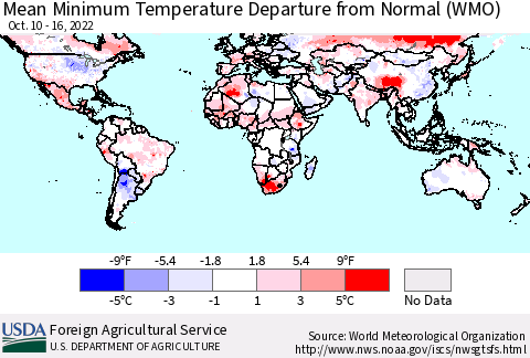 World Mean Minimum Temperature Departure from Normal (WMO) Thematic Map For 10/10/2022 - 10/16/2022