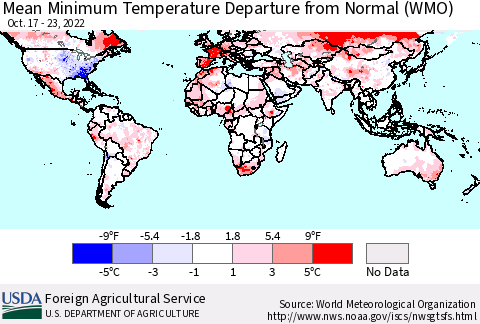 World Mean Minimum Temperature Departure from Normal (WMO) Thematic Map For 10/17/2022 - 10/23/2022