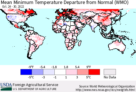 World Mean Minimum Temperature Departure from Normal (WMO) Thematic Map For 10/24/2022 - 10/30/2022