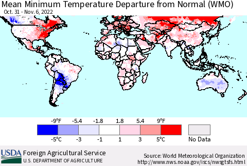 World Mean Minimum Temperature Departure from Normal (WMO) Thematic Map For 10/31/2022 - 11/6/2022
