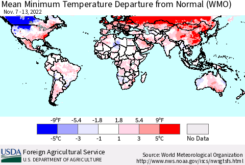 World Mean Minimum Temperature Departure from Normal (WMO) Thematic Map For 11/7/2022 - 11/13/2022