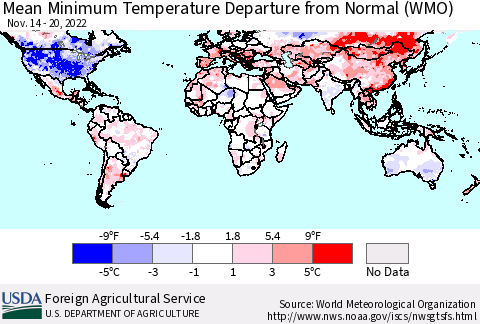 World Mean Minimum Temperature Departure from Normal (WMO) Thematic Map For 11/14/2022 - 11/20/2022