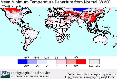 World Mean Minimum Temperature Departure from Normal (WMO) Thematic Map For 11/21/2022 - 11/27/2022