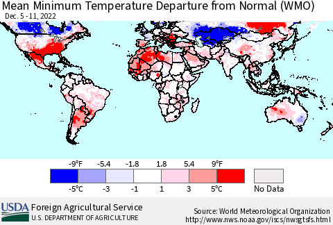 World Mean Minimum Temperature Departure from Normal (WMO) Thematic Map For 12/5/2022 - 12/11/2022