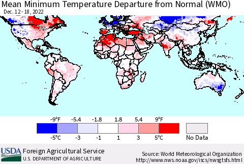 World Mean Minimum Temperature Departure from Normal (WMO) Thematic Map For 12/12/2022 - 12/18/2022