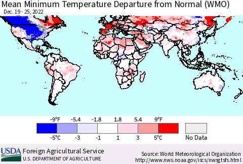 World Mean Minimum Temperature Departure from Normal (WMO) Thematic Map For 12/19/2022 - 12/25/2022