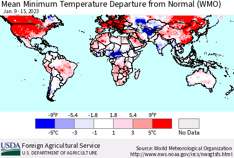 World Mean Minimum Temperature Departure from Normal (WMO) Thematic Map For 1/9/2023 - 1/15/2023