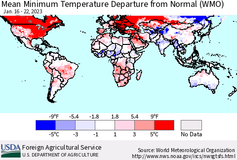 World Mean Minimum Temperature Departure from Normal (WMO) Thematic Map For 1/16/2023 - 1/22/2023