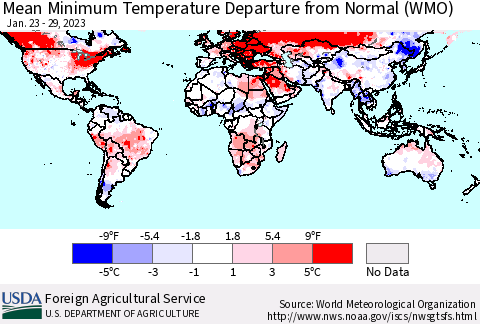 World Mean Minimum Temperature Departure from Normal (WMO) Thematic Map For 1/23/2023 - 1/29/2023