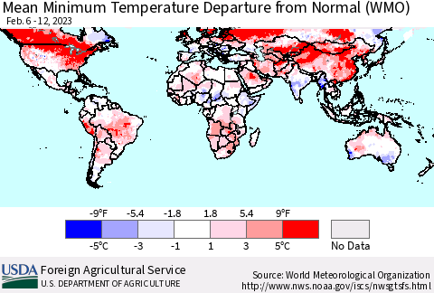 World Mean Minimum Temperature Departure from Normal (WMO) Thematic Map For 2/6/2023 - 2/12/2023