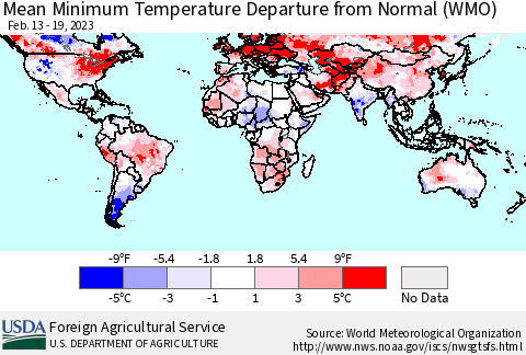 World Mean Minimum Temperature Departure from Normal (WMO) Thematic Map For 2/13/2023 - 2/19/2023