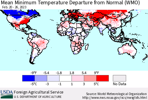 World Mean Minimum Temperature Departure from Normal (WMO) Thematic Map For 2/20/2023 - 2/26/2023