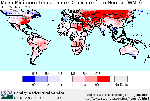World Mean Minimum Temperature Departure from Normal (WMO) Thematic Map For 2/27/2023 - 3/5/2023