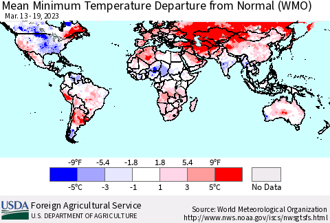 World Mean Minimum Temperature Departure from Normal (WMO) Thematic Map For 3/13/2023 - 3/19/2023