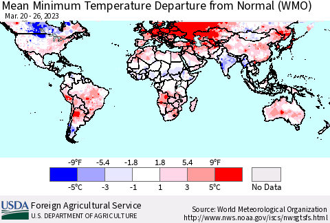 World Mean Minimum Temperature Departure from Normal (WMO) Thematic Map For 3/20/2023 - 3/26/2023