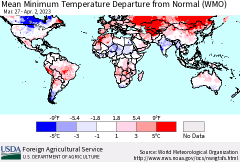 World Mean Minimum Temperature Departure from Normal (WMO) Thematic Map For 3/27/2023 - 4/2/2023