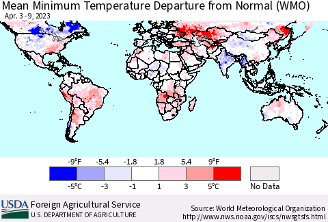 World Mean Minimum Temperature Departure from Normal (WMO) Thematic Map For 4/3/2023 - 4/9/2023