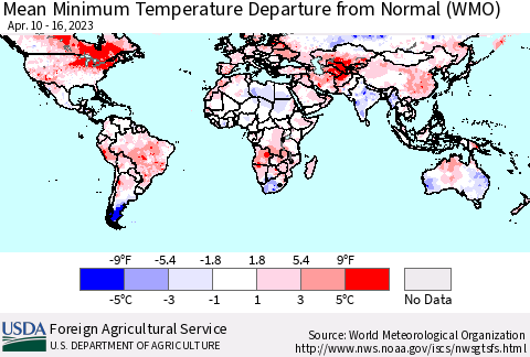 World Mean Minimum Temperature Departure from Normal (WMO) Thematic Map For 4/10/2023 - 4/16/2023