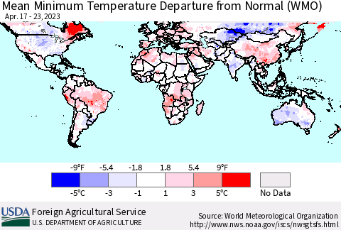 World Mean Minimum Temperature Departure from Normal (WMO) Thematic Map For 4/17/2023 - 4/23/2023