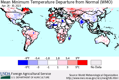World Mean Minimum Temperature Departure from Normal (WMO) Thematic Map For 4/24/2023 - 4/30/2023