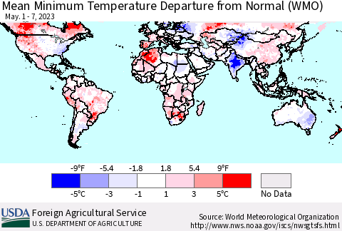 World Mean Minimum Temperature Departure from Normal (WMO) Thematic Map For 5/1/2023 - 5/7/2023