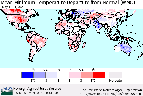 World Mean Minimum Temperature Departure from Normal (WMO) Thematic Map For 5/8/2023 - 5/14/2023