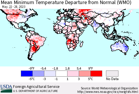 World Mean Minimum Temperature Departure from Normal (WMO) Thematic Map For 5/22/2023 - 5/28/2023