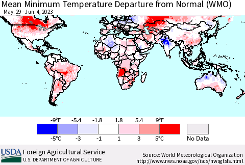 World Mean Minimum Temperature Departure from Normal (WMO) Thematic Map For 5/29/2023 - 6/4/2023