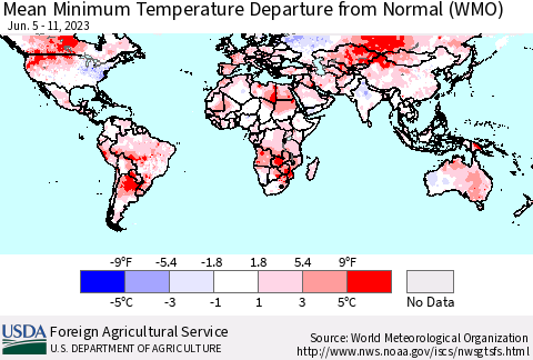 World Mean Minimum Temperature Departure from Normal (WMO) Thematic Map For 6/5/2023 - 6/11/2023