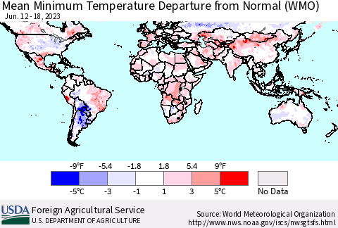 World Mean Minimum Temperature Departure from Normal (WMO) Thematic Map For 6/12/2023 - 6/18/2023