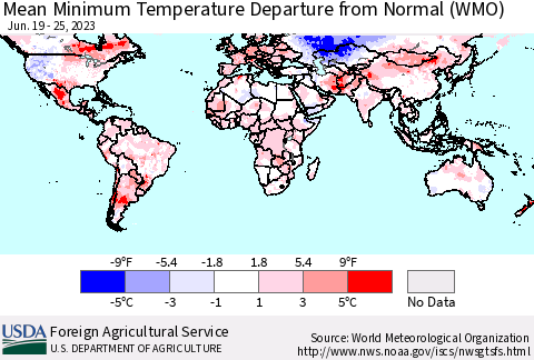 World Mean Minimum Temperature Departure from Normal (WMO) Thematic Map For 6/19/2023 - 6/25/2023