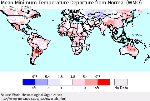 World Mean Minimum Temperature Departure from Normal (WMO) Thematic Map For 6/26/2023 - 7/2/2023