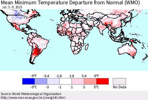 World Mean Minimum Temperature Departure from Normal (WMO) Thematic Map For 7/3/2023 - 7/9/2023