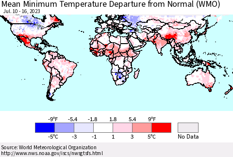World Mean Minimum Temperature Departure from Normal (WMO) Thematic Map For 7/10/2023 - 7/16/2023