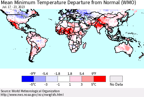 World Mean Minimum Temperature Departure from Normal (WMO) Thematic Map For 7/17/2023 - 7/23/2023