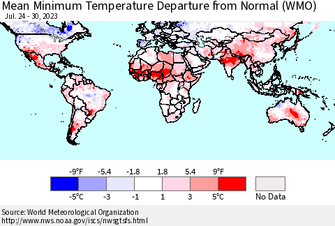 World Mean Minimum Temperature Departure from Normal (WMO) Thematic Map For 7/24/2023 - 7/30/2023