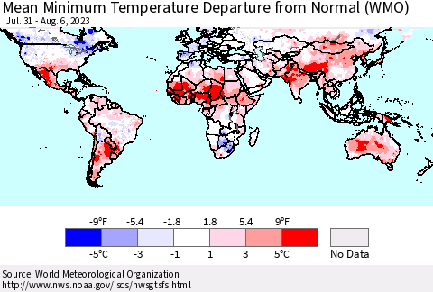 World Mean Minimum Temperature Departure from Normal (WMO) Thematic Map For 7/31/2023 - 8/6/2023