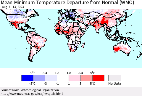 World Mean Minimum Temperature Departure from Normal (WMO) Thematic Map For 8/7/2023 - 8/13/2023