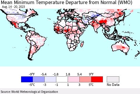 World Mean Minimum Temperature Departure from Normal (WMO) Thematic Map For 8/14/2023 - 8/20/2023
