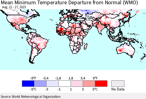 World Mean Minimum Temperature Departure from Normal (WMO) Thematic Map For 8/21/2023 - 8/27/2023