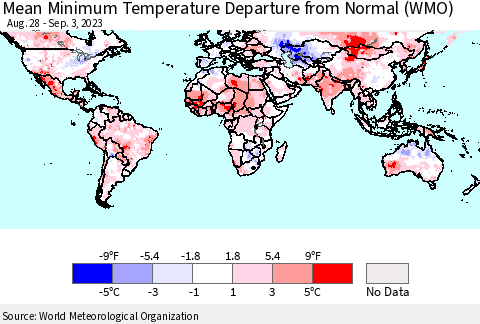 World Mean Minimum Temperature Departure from Normal (WMO) Thematic Map For 8/28/2023 - 9/3/2023