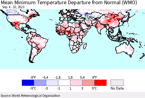 World Mean Minimum Temperature Departure from Normal (WMO) Thematic Map For 9/4/2023 - 9/10/2023