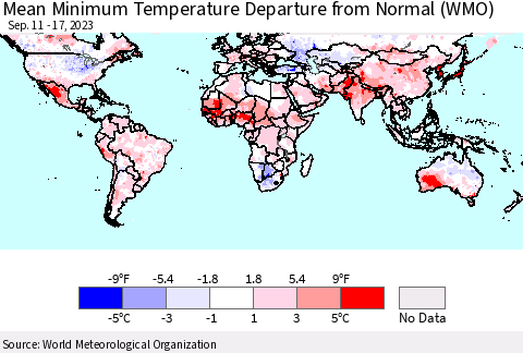 World Mean Minimum Temperature Departure from Normal (WMO) Thematic Map For 9/11/2023 - 9/17/2023