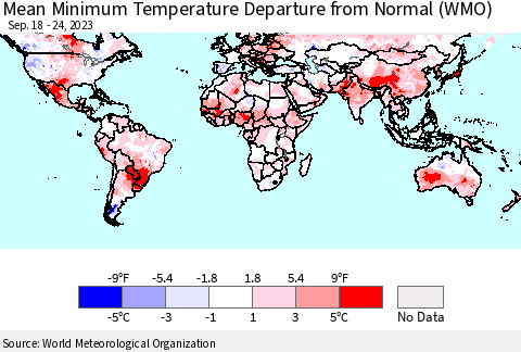 World Mean Minimum Temperature Departure from Normal (WMO) Thematic Map For 9/18/2023 - 9/24/2023