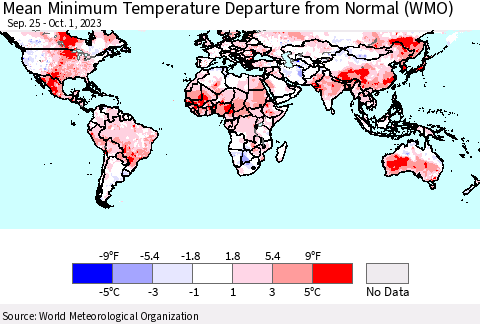 World Mean Minimum Temperature Departure from Normal (WMO) Thematic Map For 9/25/2023 - 10/1/2023