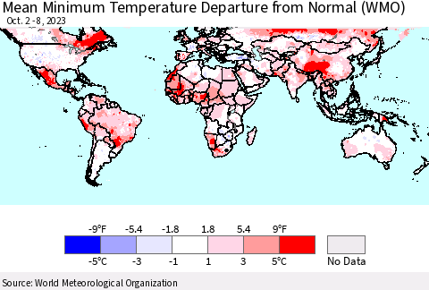 World Mean Minimum Temperature Departure from Normal (WMO) Thematic Map For 10/2/2023 - 10/8/2023