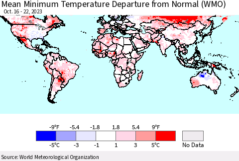 World Mean Minimum Temperature Departure from Normal (WMO) Thematic Map For 10/16/2023 - 10/22/2023