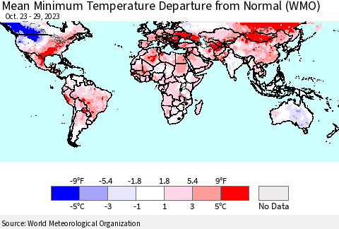World Mean Minimum Temperature Departure from Normal (WMO) Thematic Map For 10/23/2023 - 10/29/2023