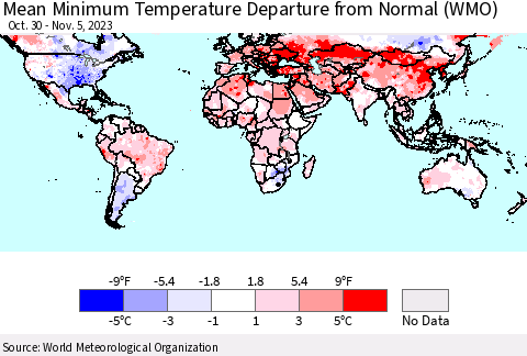 World Mean Minimum Temperature Departure from Normal (WMO) Thematic Map For 10/30/2023 - 11/5/2023